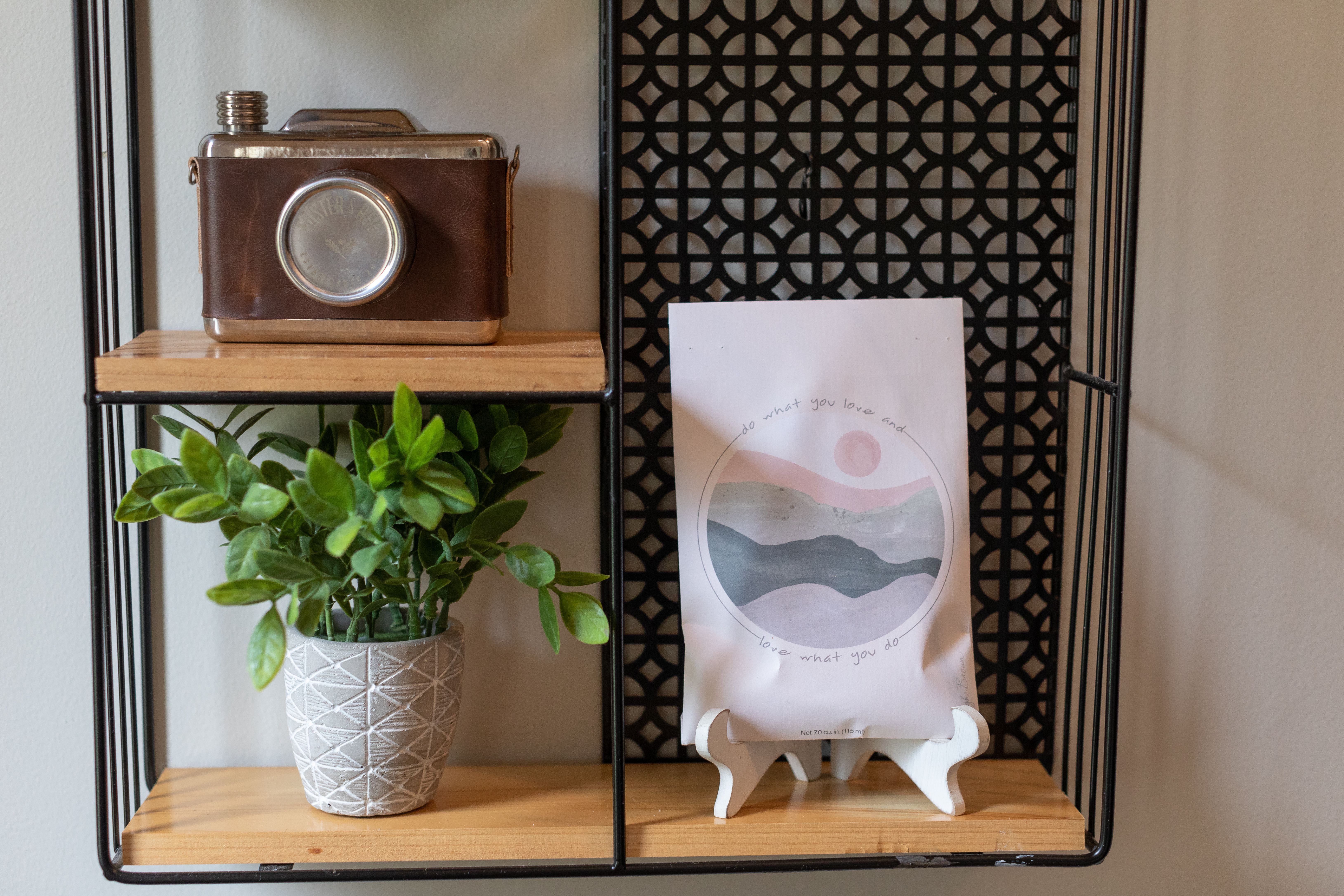  Do What you Love Sachet on Shelf with Plants and Vintage Camera