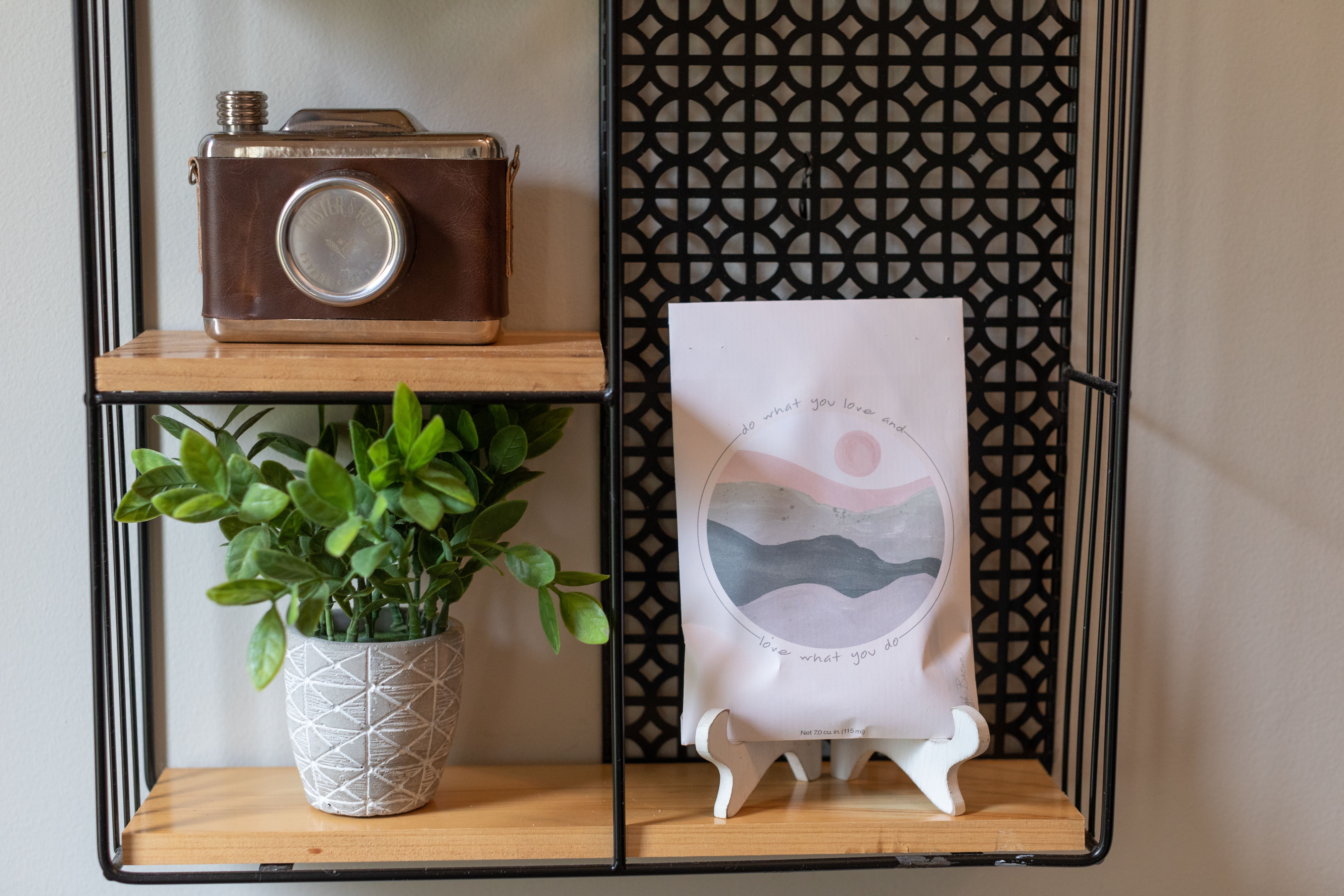 Do What you Love Sachet on Shelf with Plants and Vintage Camera