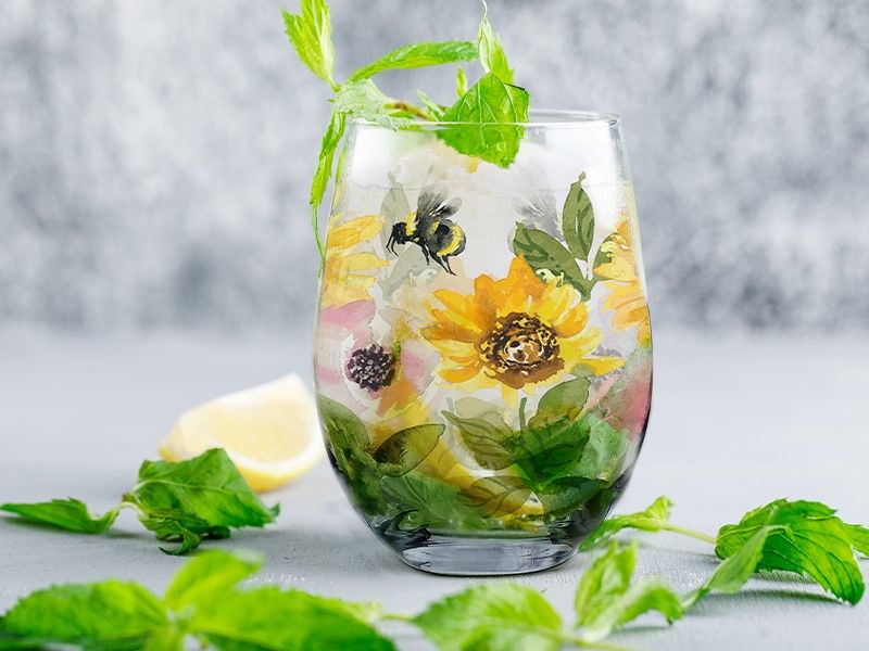 Bee and flower stemless goblet