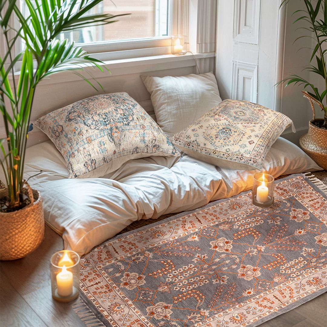 Our exquisite printed Floor Rugs & Cushions feature stunning designs and craftsmanship! Made from woven cotton, these durable, Persian-inspired pieces will add class and elegance to hallways, living rooms and more. 🩵🩶💛🤎⁠