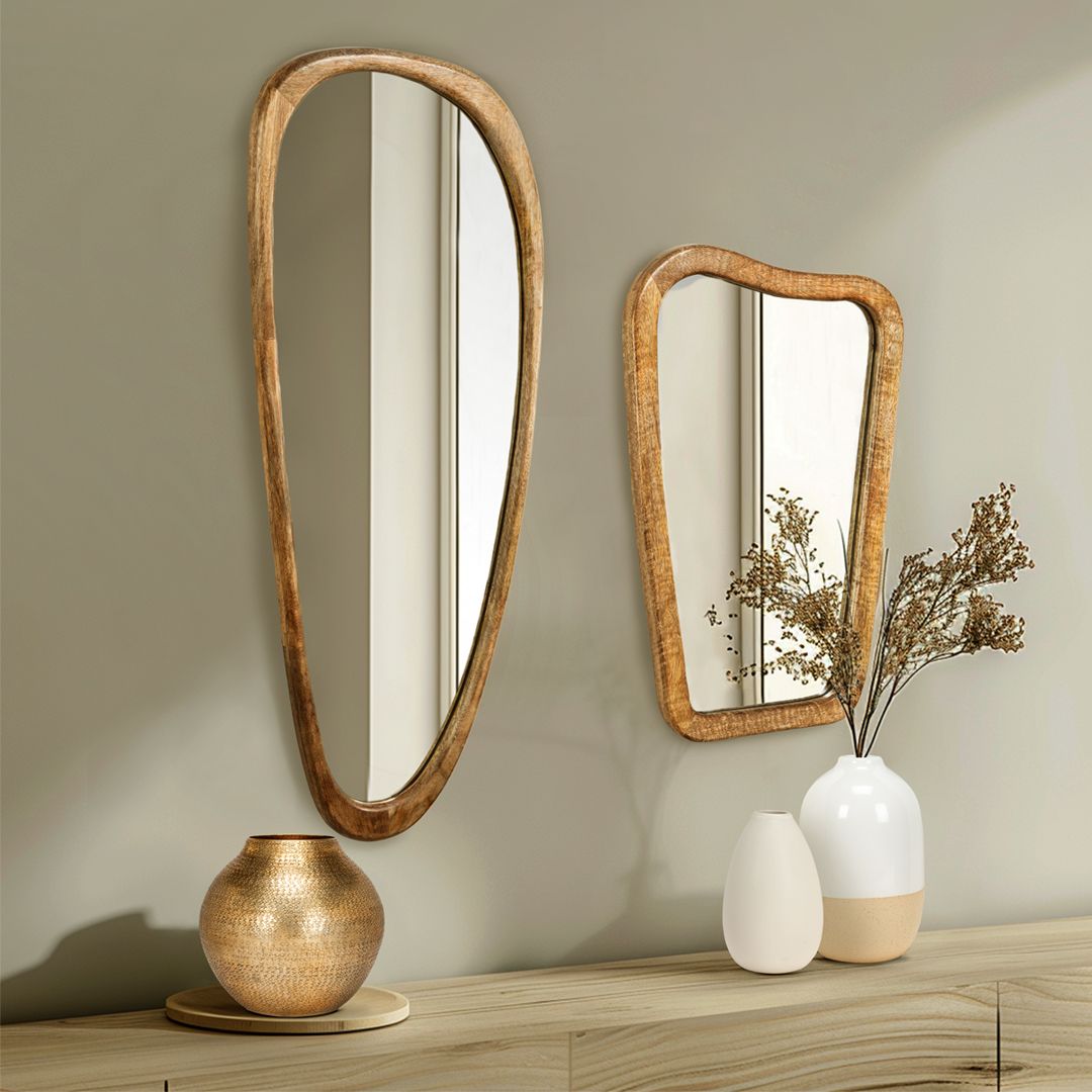 Mirror Mirror on the wall… Add a rustic, organic feel to your shop with our freefrom mangowood mirrors! Handmade in India and available in 6 shapes and sizes. 🪞🤎💛🤍⁠