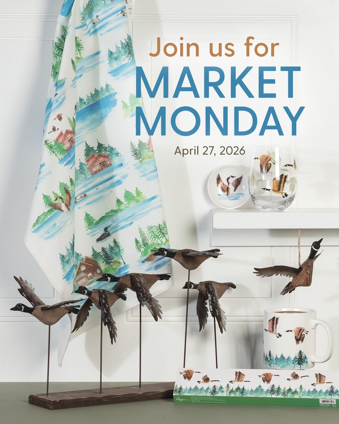 Join us April 27 for Market Monday! Shop in person take advantage of our special Monday-only promo. Plus, view new products, enjoy an artisanal coffee on us, and place orders on the spot. No appointment necessary! Hope to see you soon. ⁠🪿🪿💙💚🤍⁠