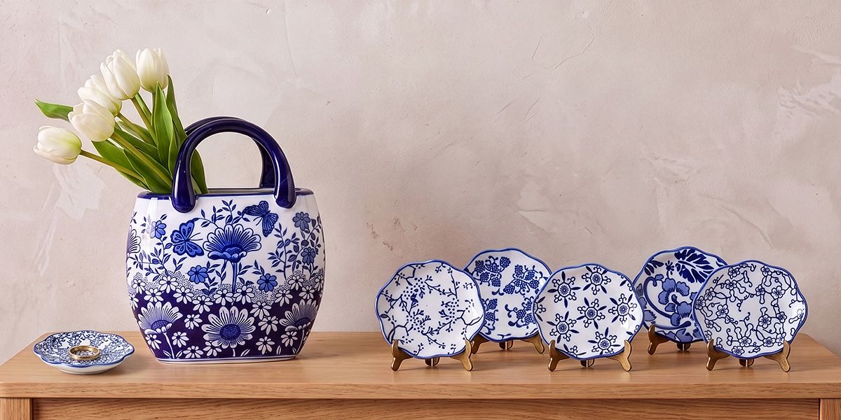 Blue and white vases and bowls
