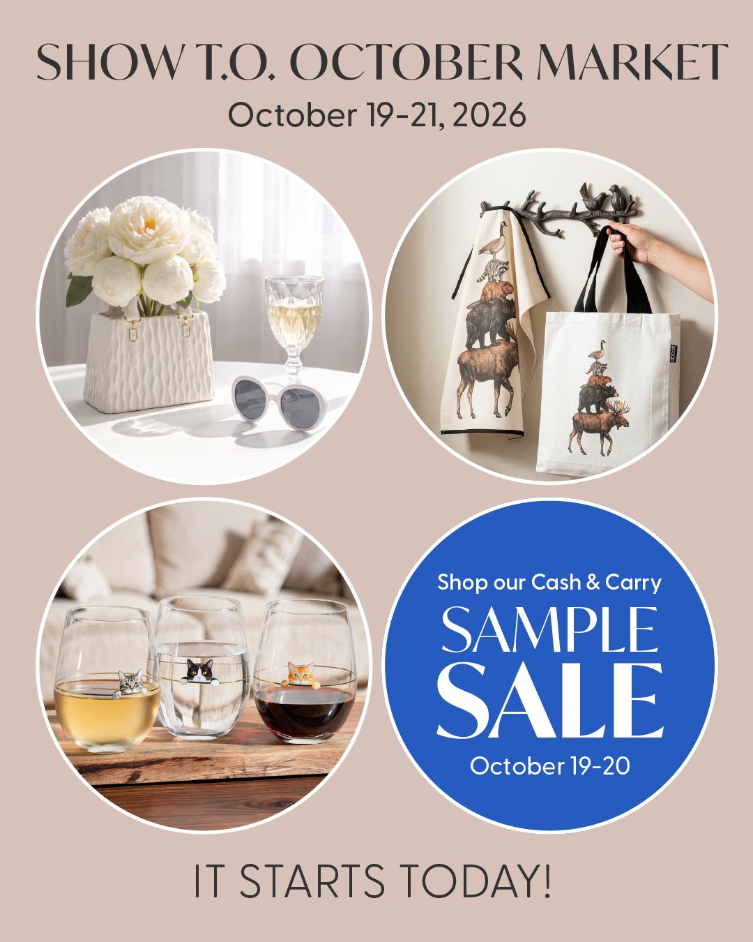 It starts today! Three days, two great reasons to visit. Save $100 when you order $1,000 or more, and browse our Cash & Carry Sample Sale for even more finds. Arrive early for the best selection — no appointment necessary.⁠