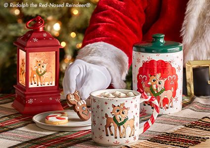 Santa with Cookies and Rudolph Mugs