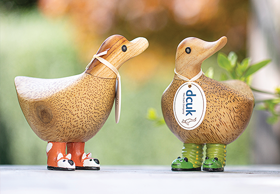 Two wooden ducks looking away