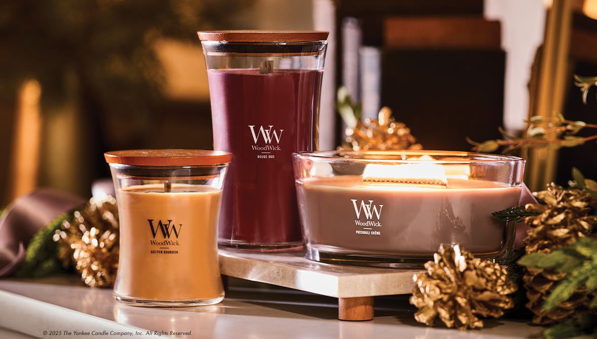 Woodwick candles on table