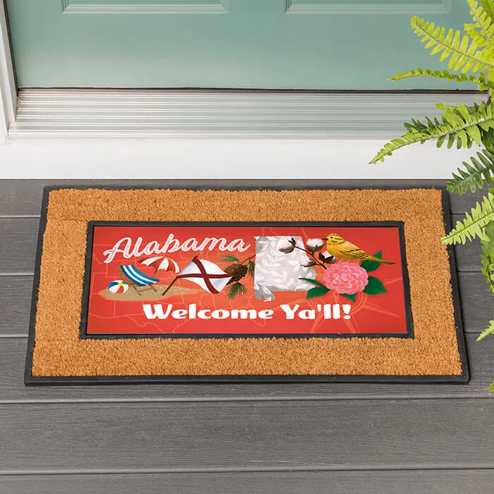 Personalized doormats featuring state specific sayings