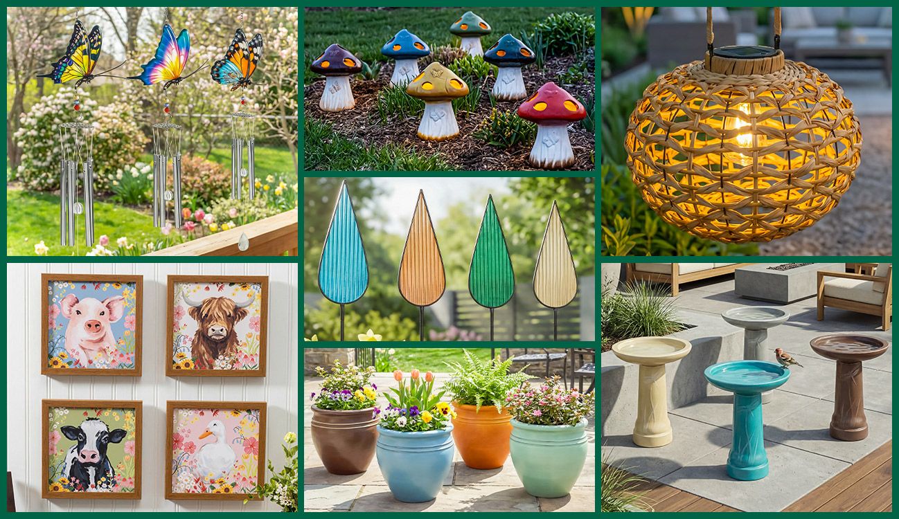 Banner grid featuring butterfly wind chimes, mushroom garden statues, woven solar lantern, leaf garden stakes, farm animal framed prints, colorful planters, and ceramic birdbaths