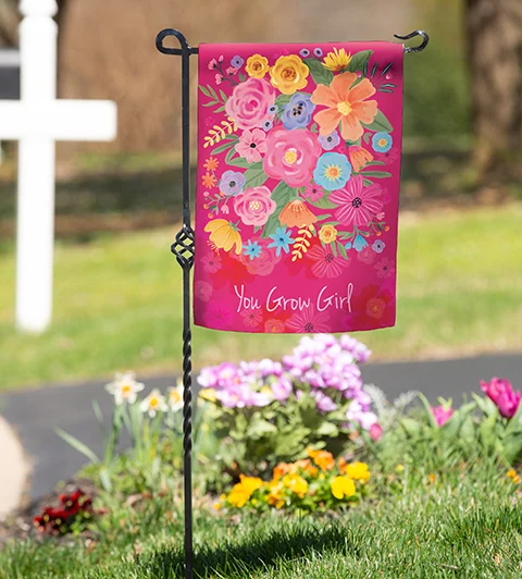 Personalized garden flags with a seasonal message