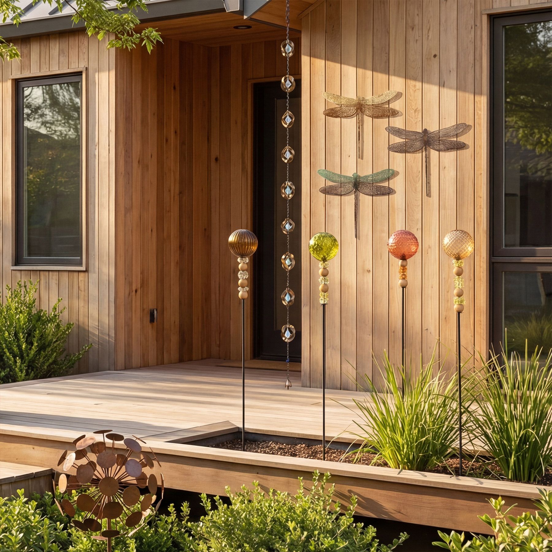 Vivastyle outdoor decor with glass globe garden stakes, metal dragonfly wall art, crystal rain chain, and copper flower wind spinner