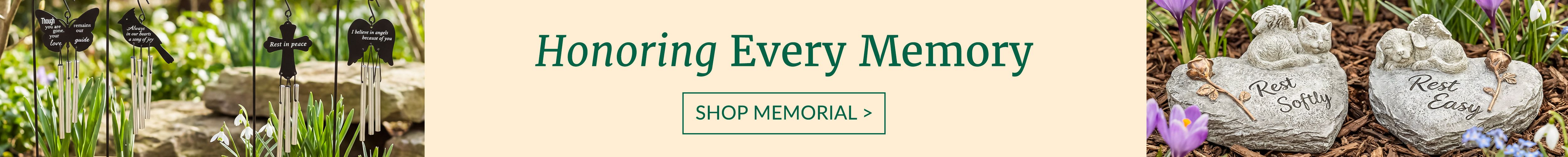 Honoring Every Memory – memorial collection banner with angel wind chimes, garden stones engraved with Rest Softly and Rest Easy, and spring flowers