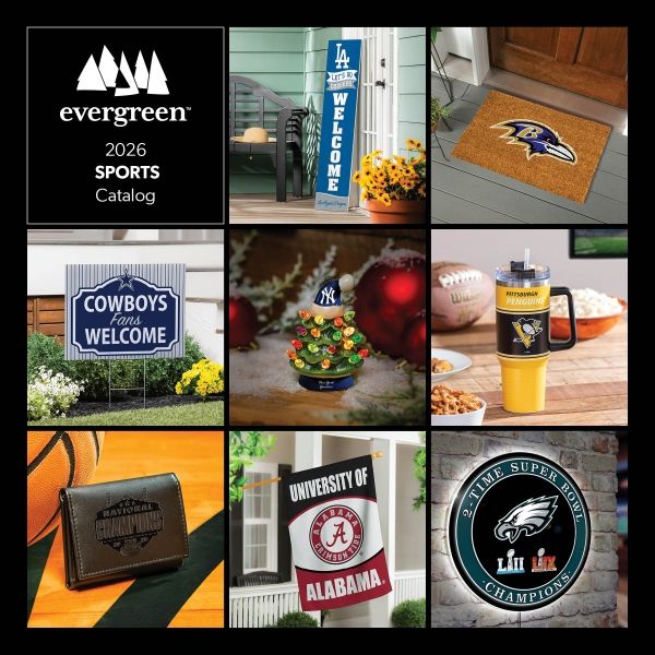Evergreen 2026 Sports Catalog cover – grid of licensed sports merchandise including team welcome signs, doormats, garden flags, holiday ornaments, tumblers, wallets, and wall signs featuring NFL, MLB, and NCAA teams