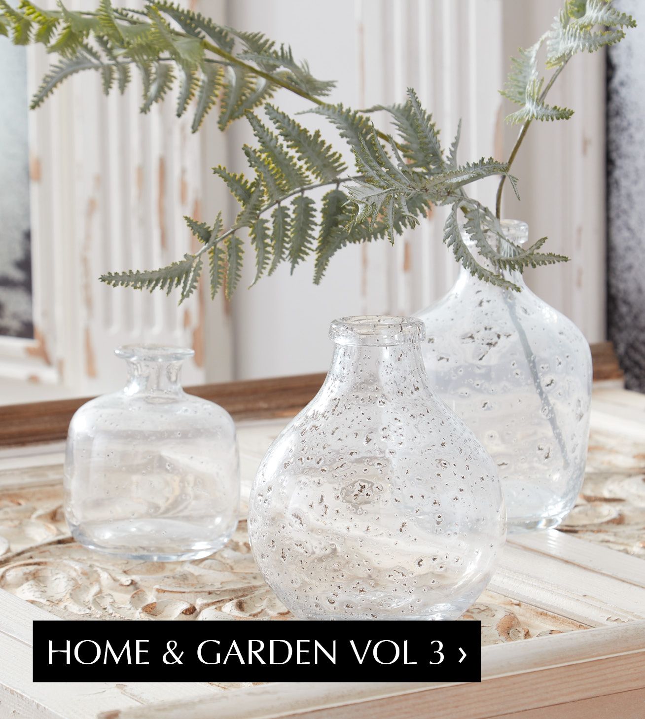 Link to Home and Garden Vol 3 Catalog; glass vases with a fern stem in one