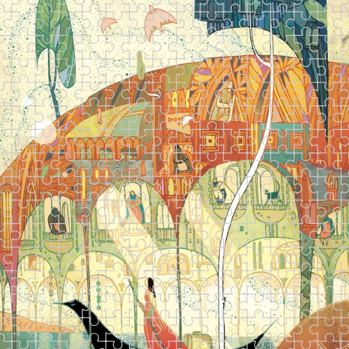 Completed jigsaw puzzle featuring a whimsical, colorful illustration of a multi-level building filled with people and animals in an imaginative landscape.