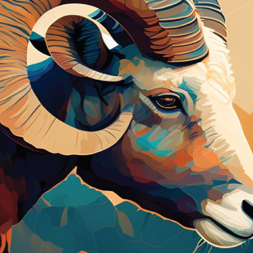 Bold and colorful digital art illustration of a ram’s head with curled horns, rendered in a polygonal, faceted style.