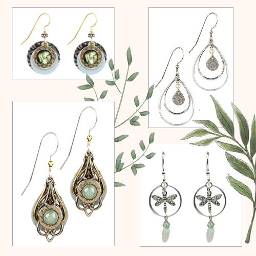 Collection of four pairs of earrings in varied designs including dragonflies, layered teardrops, and stones, displayed with leafy illustrations on a cream background.