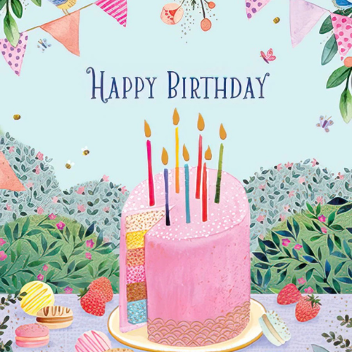 Whimsical illustrated birthday card featuring a pink frosted cake with rainbow layers and lit candles, surrounded by macarons, strawberries, and floral greenery, with bunting and the text “Happy Birthday” across the top.