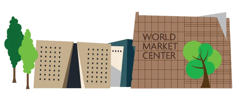 Stylized illustration of the World Market Center buildings in Las Vegas, featuring modern geometric architecture and flanked by green trees.