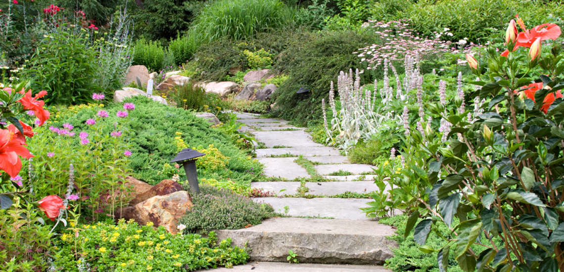 Stone garden path winding through colorful flowers, shrubs, and lush green foliage.