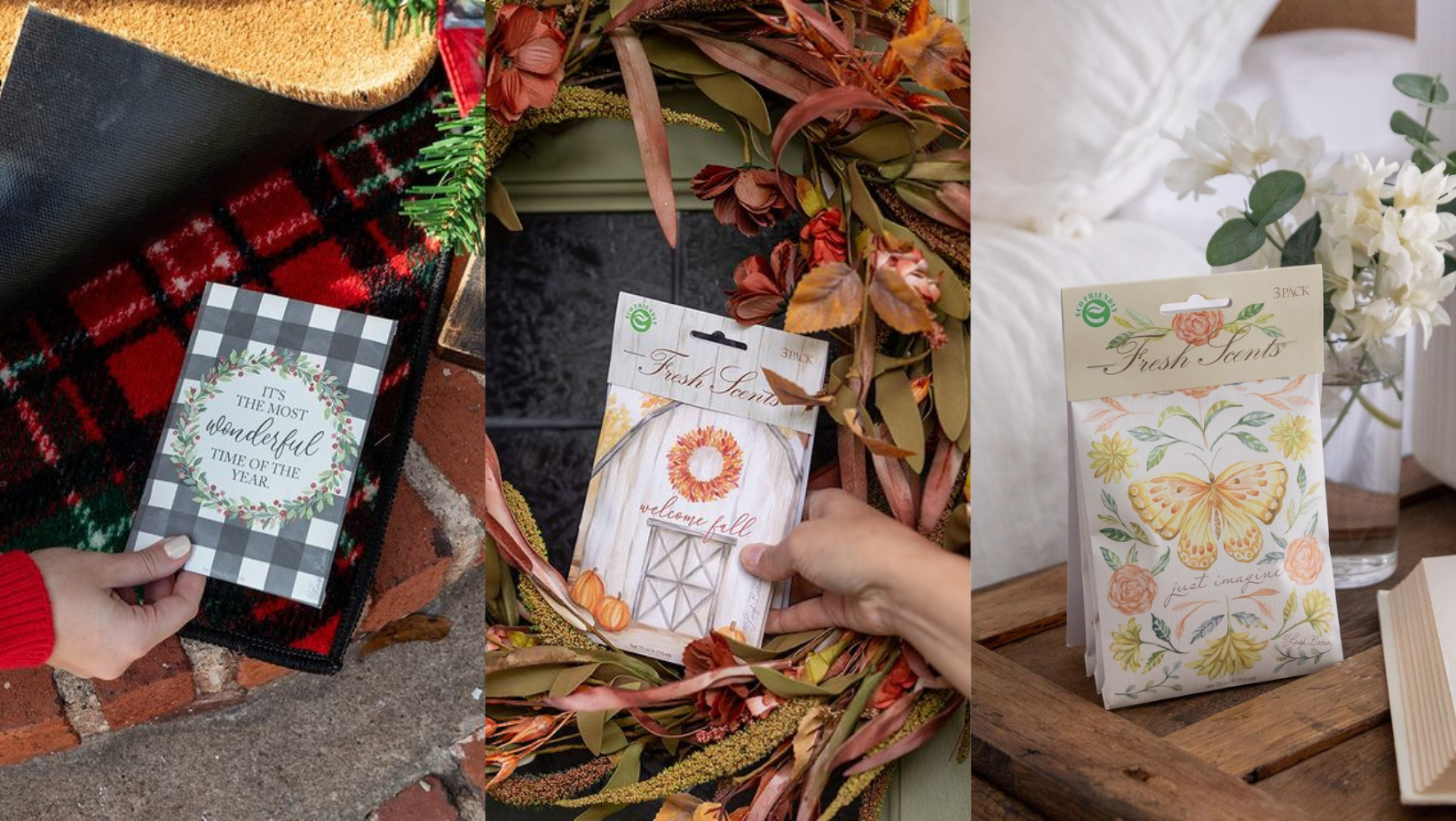 3 ways to use a sachet: under a mat, in a door wreath, and beside a bed on a side table.