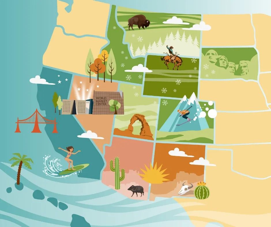 Colorful illustrated map of the western United States highlighting regional icons such as the Golden Gate Bridge, surfing in California, the World Market Center in Nevada, Arches National Park in Utah, skiing in Colorado, Mount Rushmore in South Dakota, and buffalo in Montana.